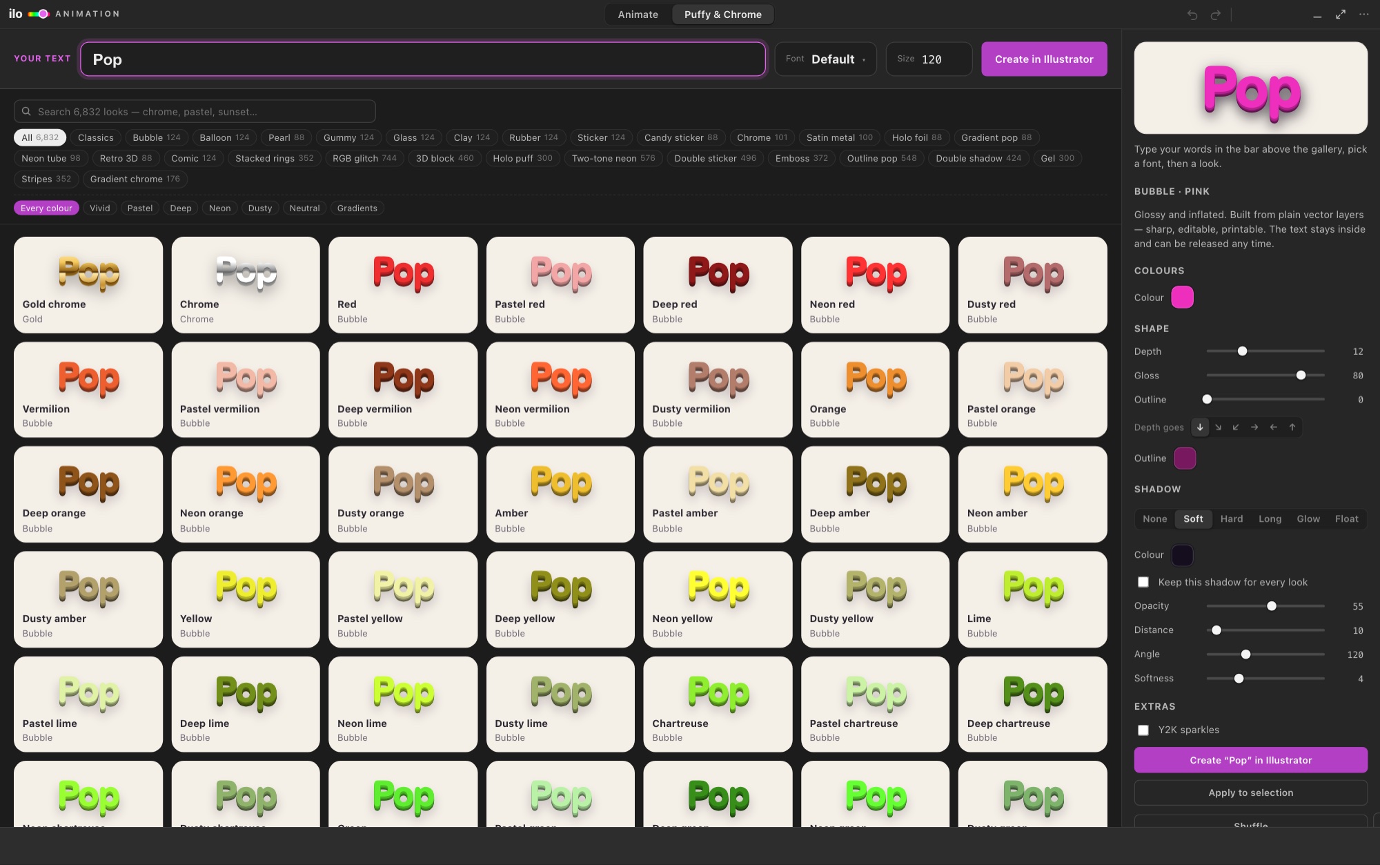 The Puffy and Chrome gallery: bubble, chrome, holo, neon, retro and comic looks in every colour