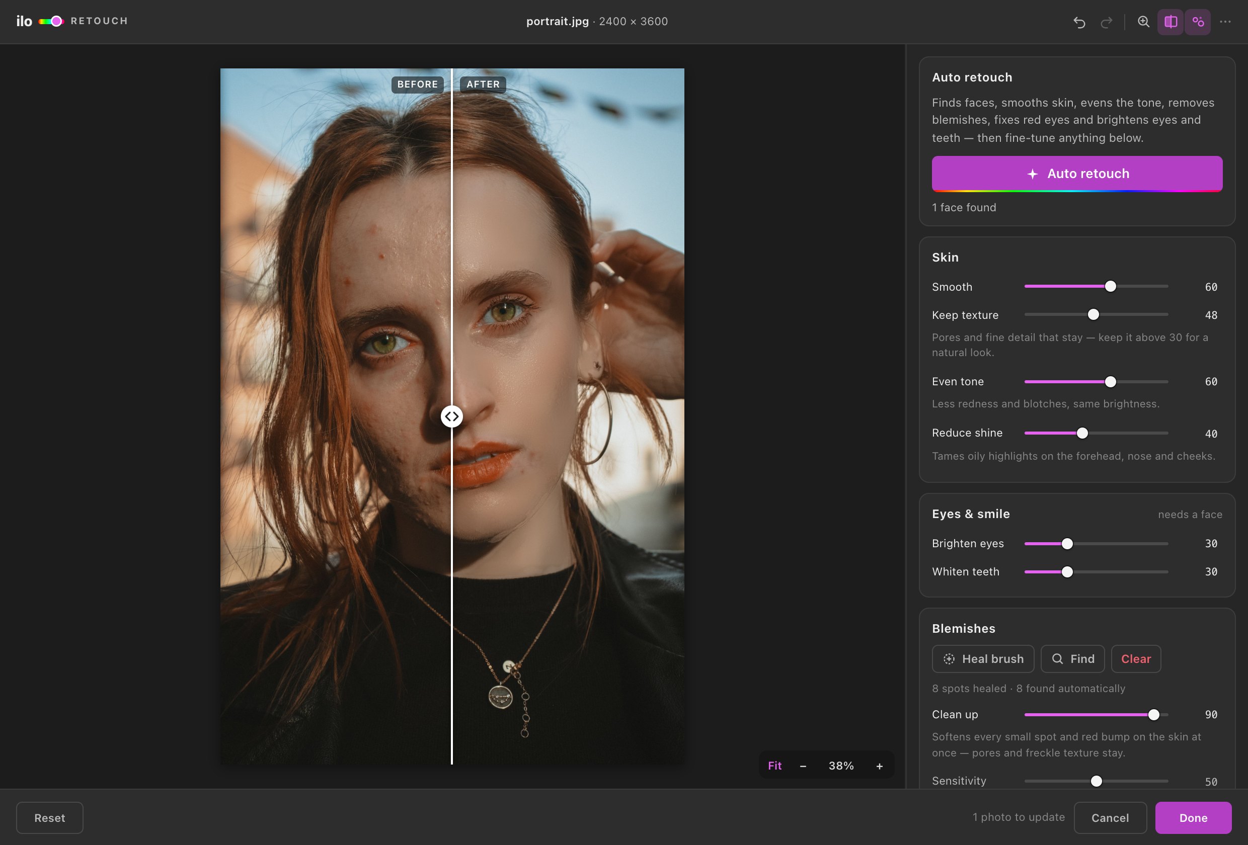 The Ilo Retouch window with a before/after split on a portrait